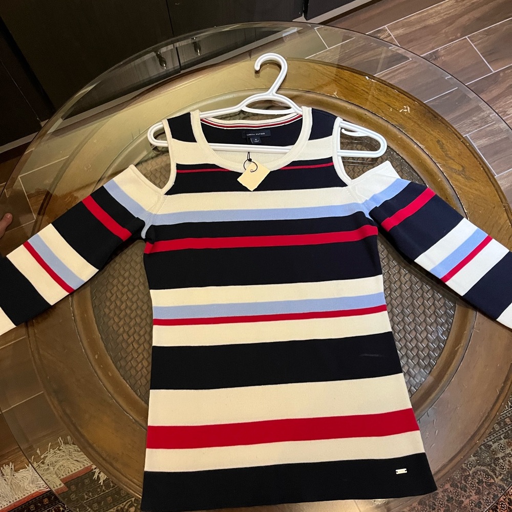 Tommy Hilfiger Striped Off-the-Shoulder Sweater - Red, White, Blue